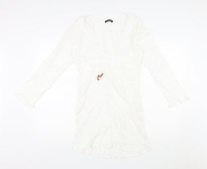 Coral Bay Womens White Polka Dot Cotton Shift Size M V-Neck Pullover - Drawstring Detail