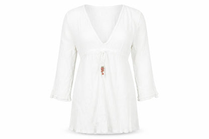 Coral Bay Womens White Polka Dot Cotton Shift Size M V-Neck Pullover - Drawstring Detail