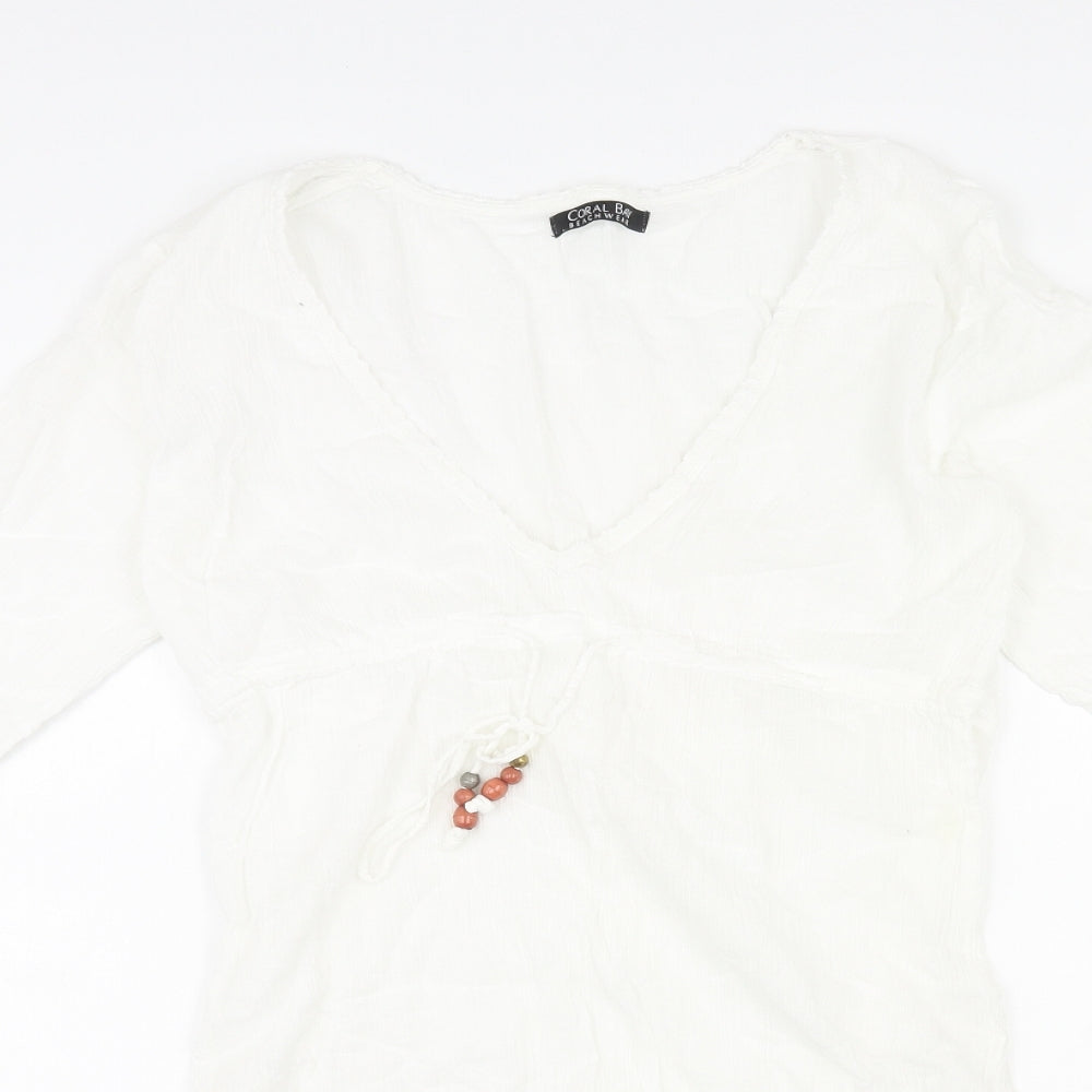 Coral Bay Womens White Polka Dot Cotton Shift Size M V-Neck Pullover - Drawstring Detail