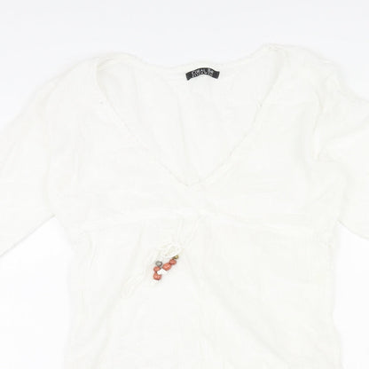 Coral Bay Womens White Polka Dot Cotton Shift Size M V-Neck Pullover - Drawstring Detail