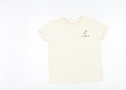 Additional front view of Studio girls’ ivory cotton basic t-shirt, size 10-11, years round neck pullover