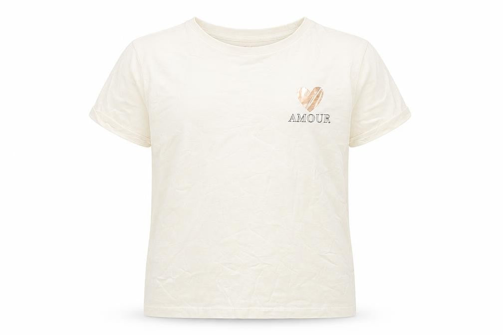 Front view of Studio girls’ ivory cotton basic t-shirt, size 10-11, years round neck pullover
