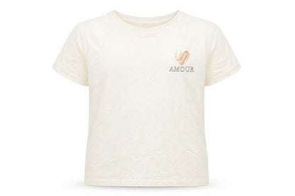 Front view of Studio girls’ ivory cotton basic t-shirt, size 10-11, years round neck pullover
