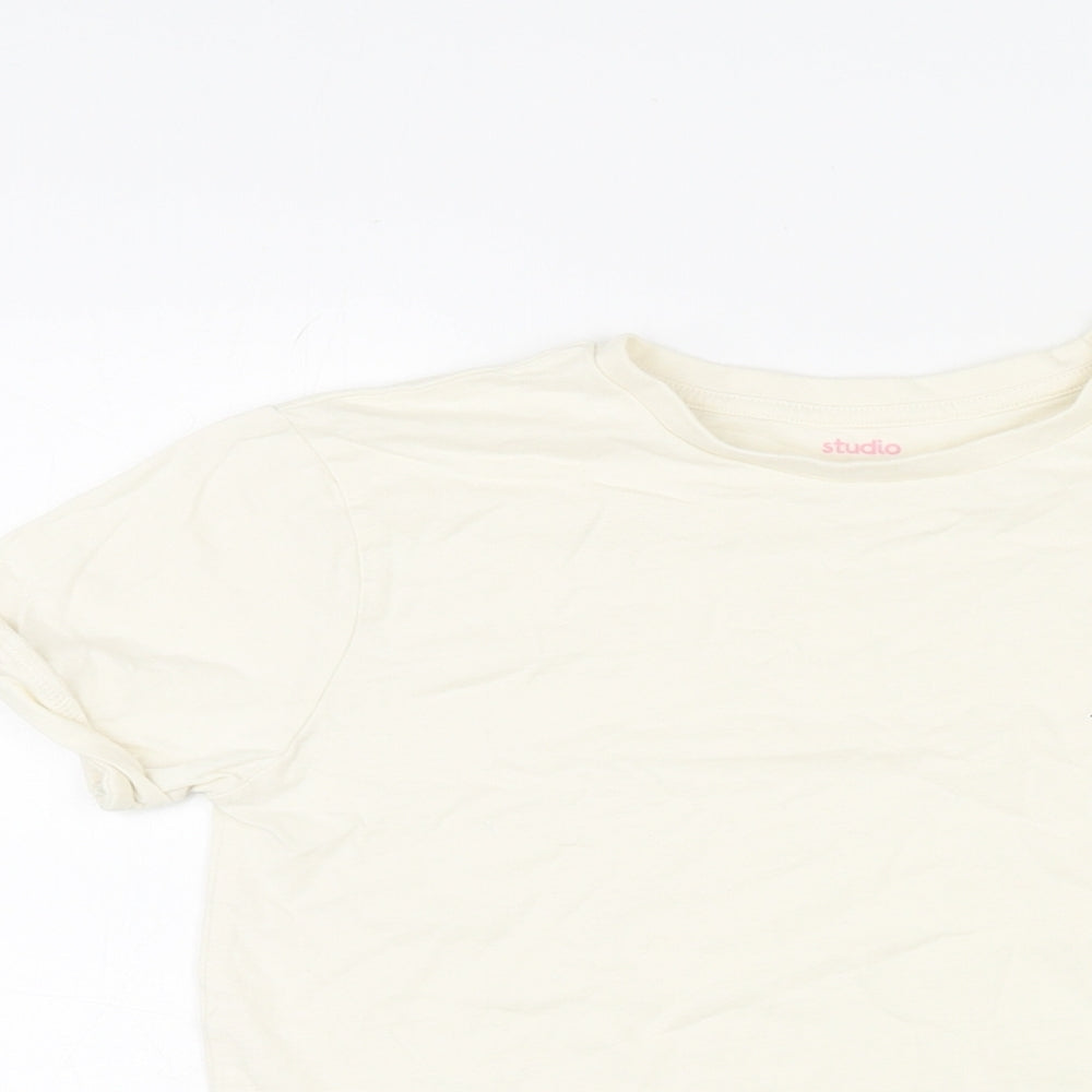 Close-up detail of Studio girls’ ivory cotton basic t-shirt, size 10-11, years round neck pullover