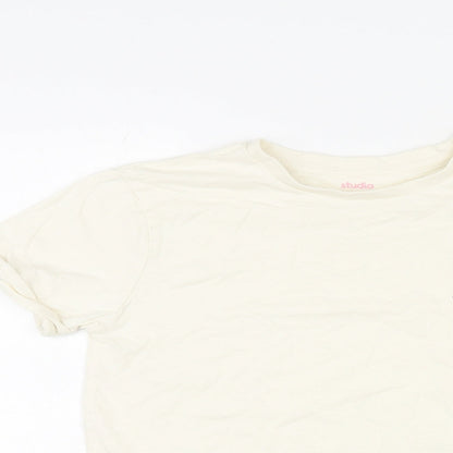 Close-up detail of Studio girls’ ivory cotton basic t-shirt, size 10-11, years round neck pullover