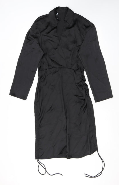 Zara Womens Black Polyester Shirt Dress Size S Collared Pullover - Drawstring Detail