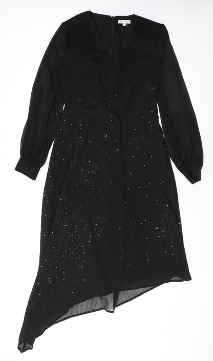Warehouse Womens Black Polyester Fit & Flare Size 10 V-Neck Zip