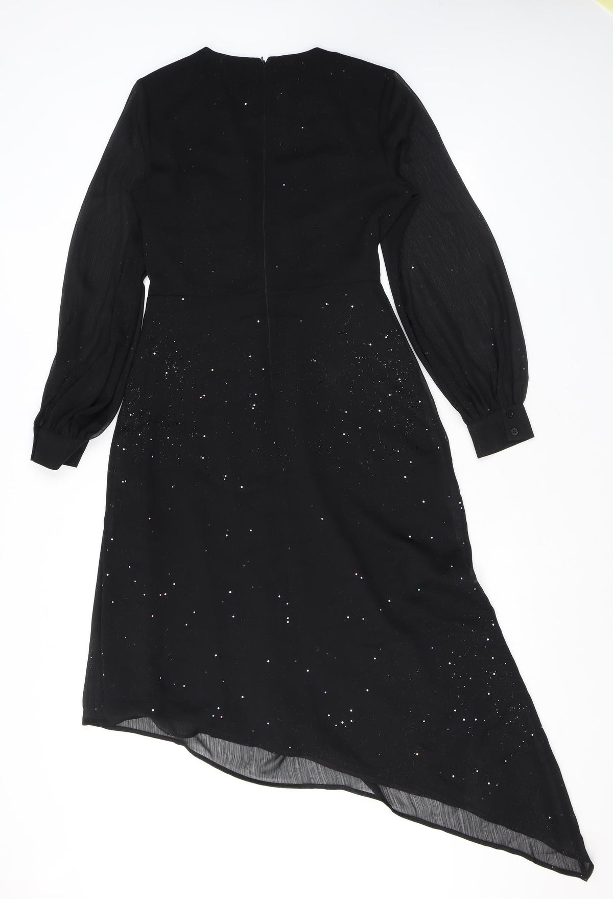 Warehouse Womens Black Polyester Fit & Flare Size 10 V-Neck Zip