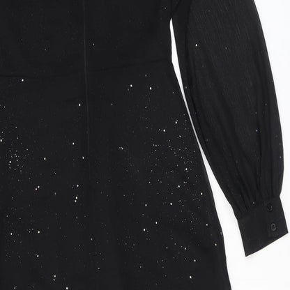 Warehouse Womens Black Polyester Fit & Flare Size 10 V-Neck Zip