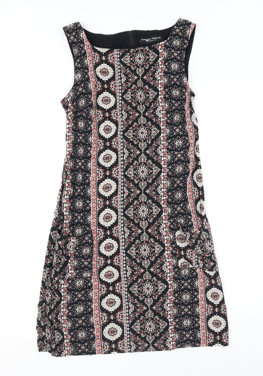 Dorothy Perkins Womens Black Geometric Viscose A-Line Size 8 Round Neck Zip