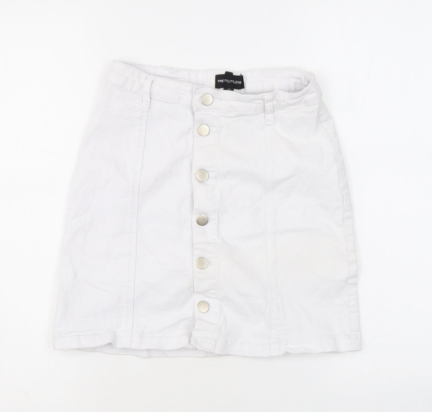 PRETTYLITTLETHING Womens White Cotton A-Line Skirt Size 10 Button
