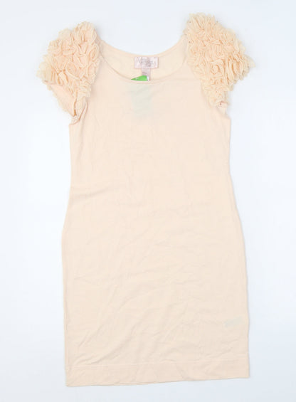 H&M Womens Pink Cotton Bodycon Size M Scoop Neck Pullover - Floral Sleeves
