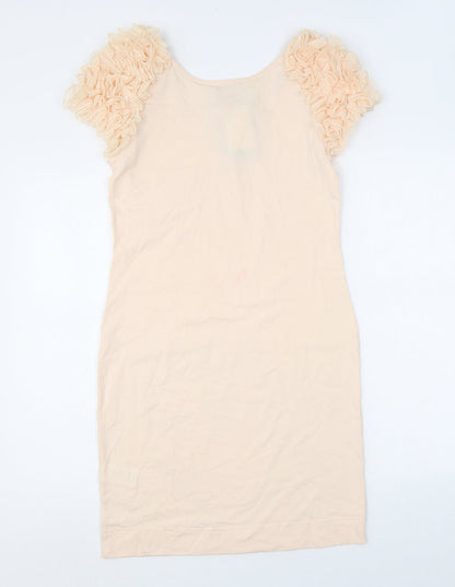 H&M Womens Pink Cotton Bodycon Size M Scoop Neck Pullover - Floral Sleeves