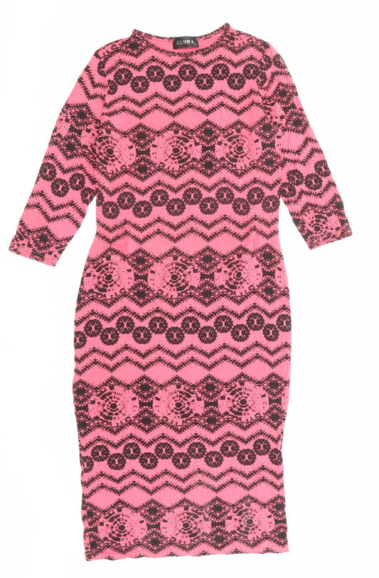 Club L Womens Pink Geometric Viscose Bodycon Size 14 Round Neck Pullover