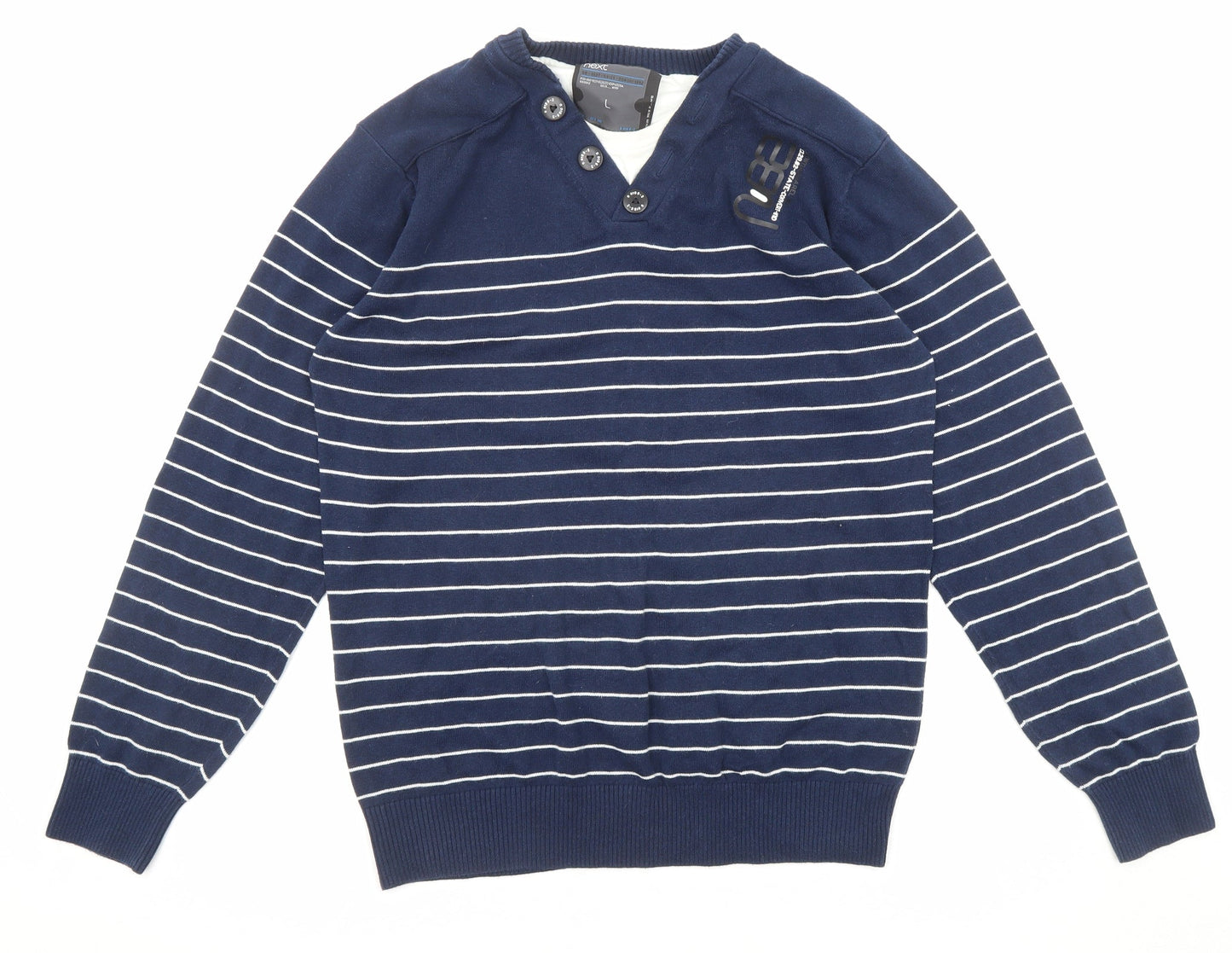 NEXT Mens Blue V-Neck Striped Cotton Pullover Jumper Size M Long Sleeve