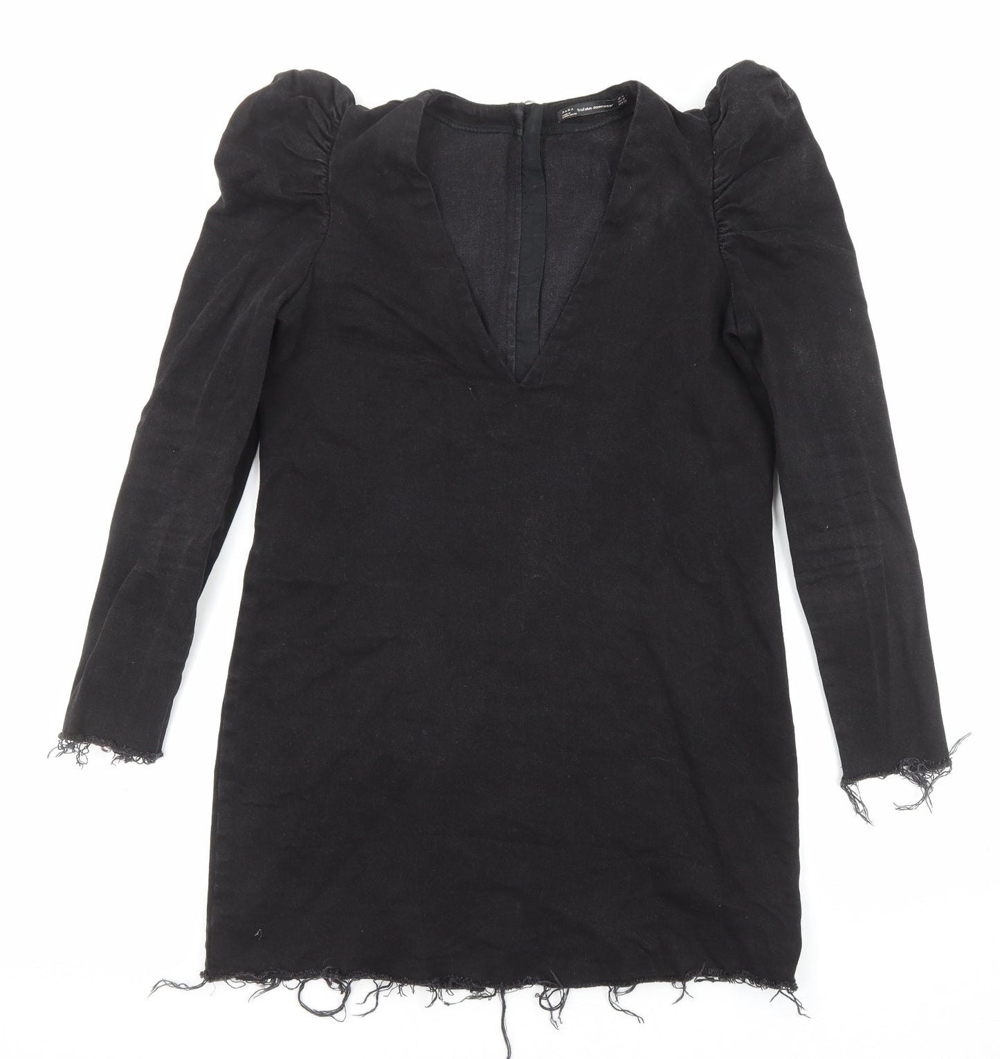 Zara Womens Black Cotton A-Line Size M V-Neck Zip
