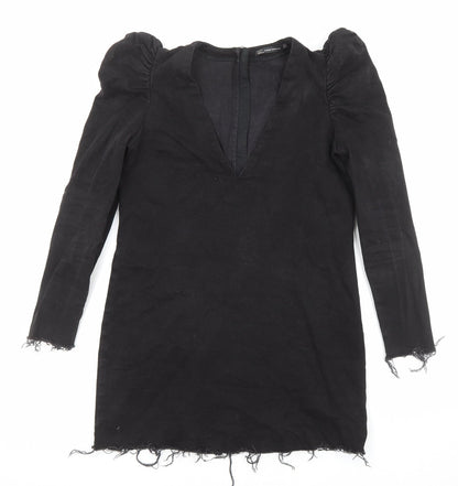 Zara Womens Black Cotton A-Line Size M V-Neck Zip