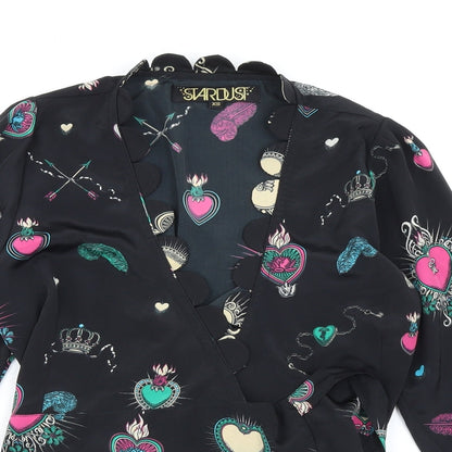 STARDUST Womens Black Geometric Viscose Wrap Blouse Size XS V-Neck