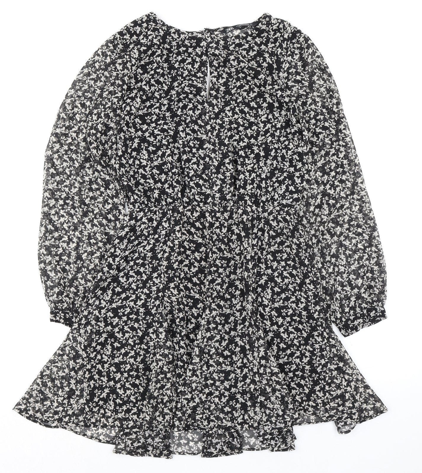 Zara Womens Black Floral Polyester A-Line Size S Round Neck Button