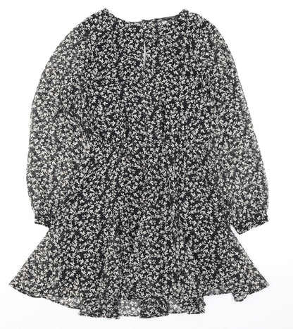 Zara Womens Black Floral Polyester A-Line Size S Round Neck Button