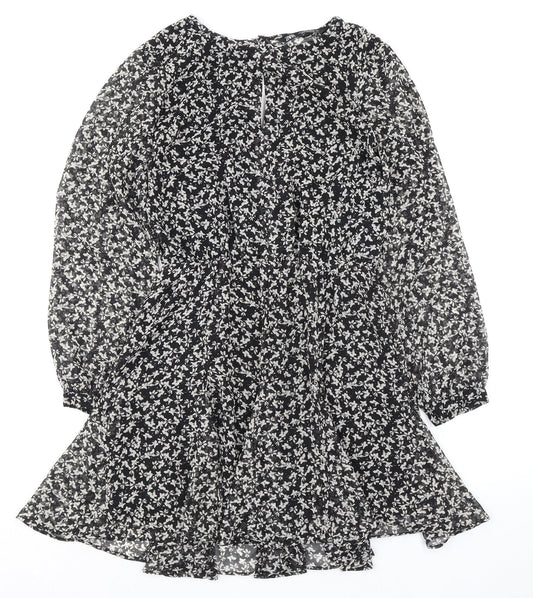 Zara Womens Black Floral Polyester A-Line Size S Round Neck Button