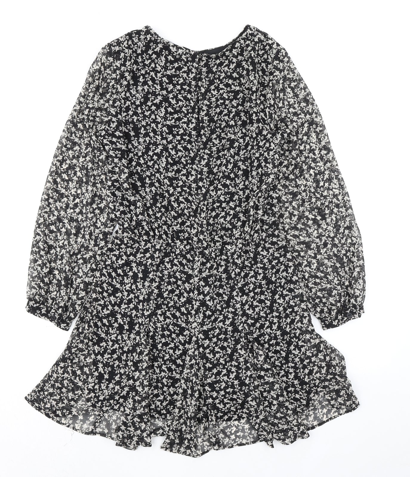 Zara Womens Black Floral Polyester A-Line Size S Round Neck Button
