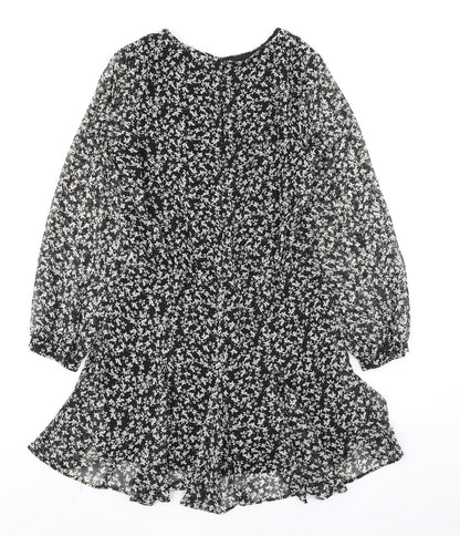 Zara Womens Black Floral Polyester A-Line Size S Round Neck Button