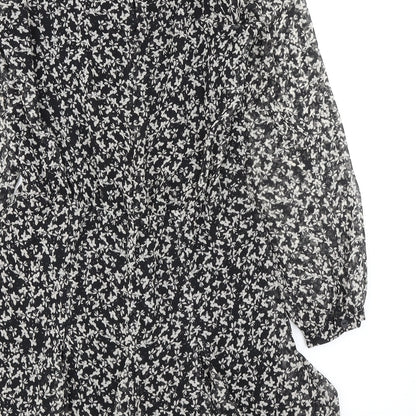 Zara Womens Black Floral Polyester A-Line Size S Round Neck Button