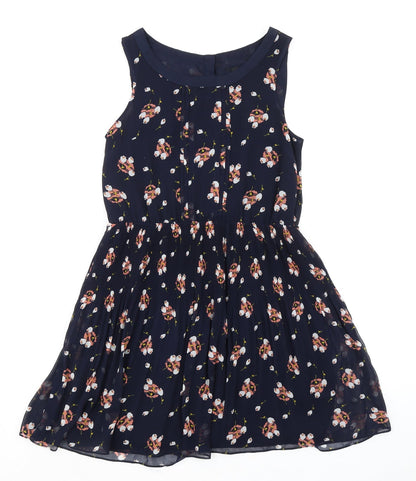 Oasis Womens Blue Geometric Polyester A-Line Size 8 Round Neck Button