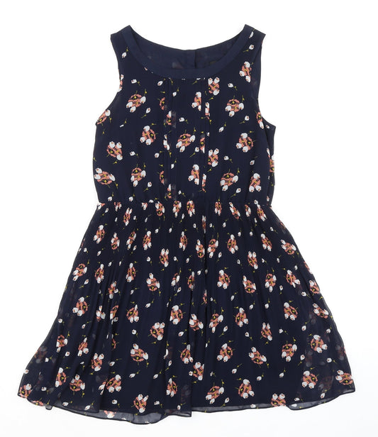 Oasis Womens Blue Geometric Polyester A-Line Size 8 Round Neck Button