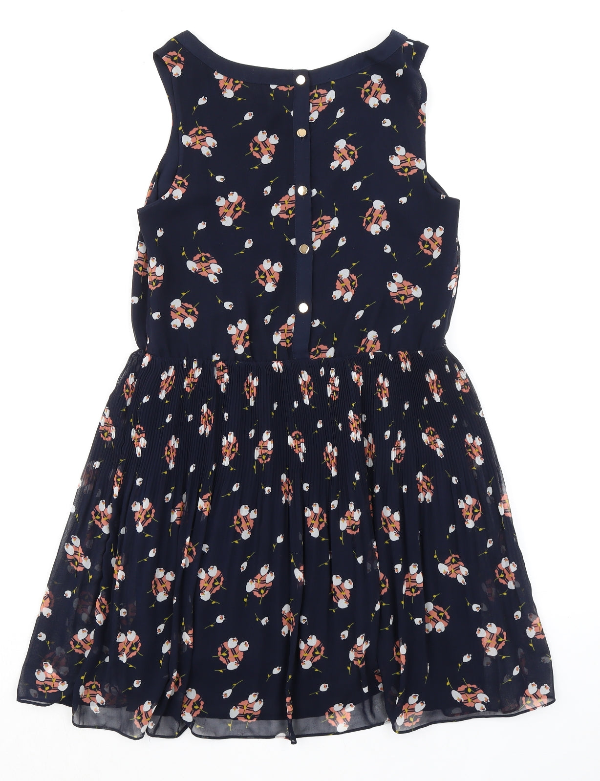 Oasis Womens Blue Geometric Polyester A-Line Size 8 Round Neck Button