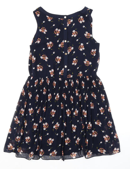 Oasis Womens Blue Geometric Polyester A-Line Size 8 Round Neck Button