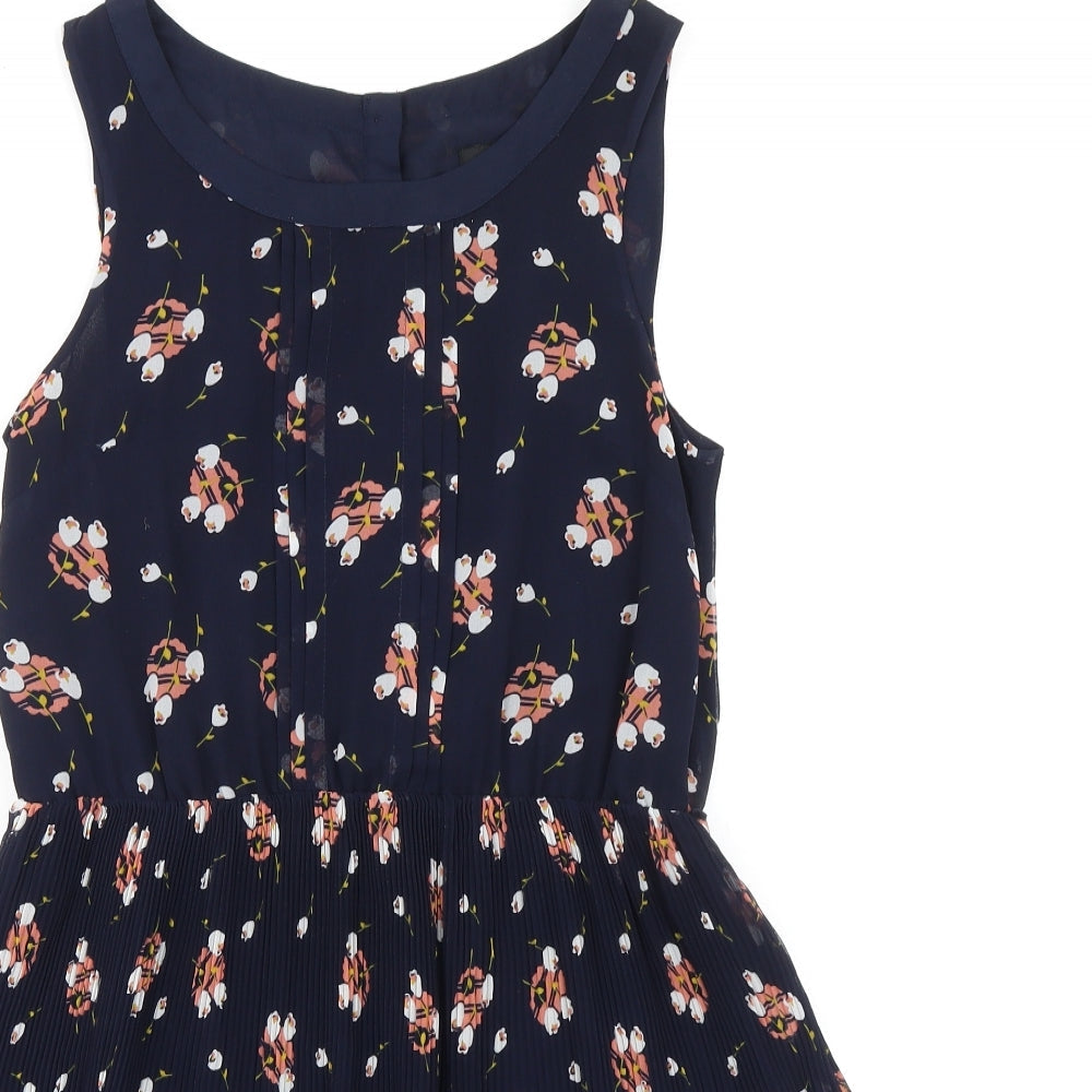 Oasis Womens Blue Geometric Polyester A-Line Size 8 Round Neck Button