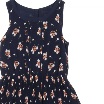 Oasis Womens Blue Geometric Polyester A-Line Size 8 Round Neck Button