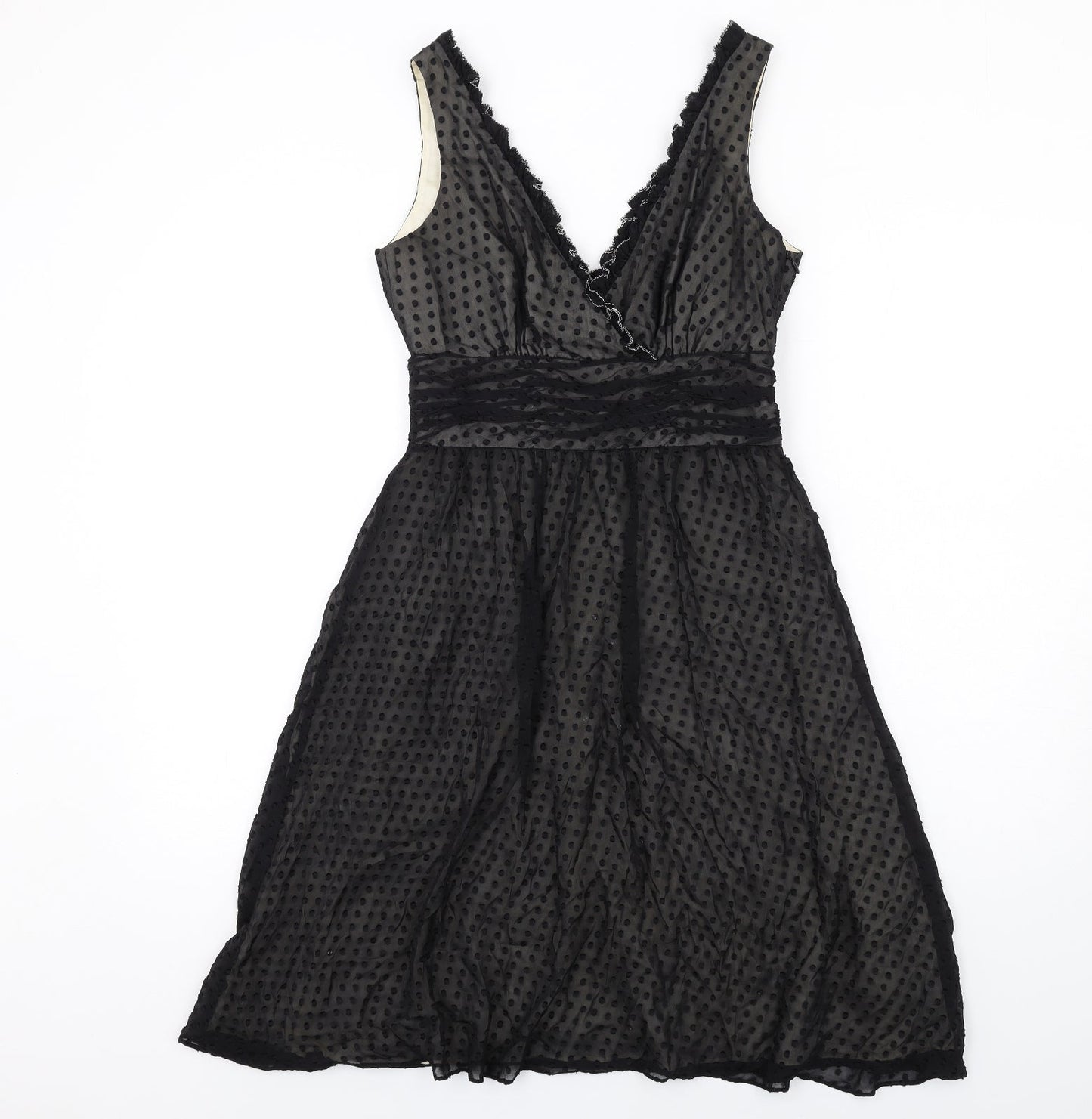 Oasis Womens Black Polka Dot Silk A-Line Size 8 V-Neck Zip - Frill Detail