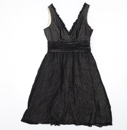 Oasis Womens Black Polka Dot Silk A-Line Size 8 V-Neck Zip - Frill Detail