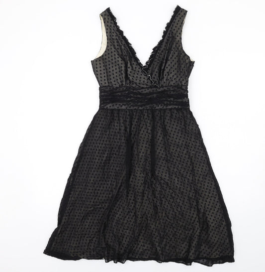 Oasis Womens Black Polka Dot Silk A-Line Size 8 V-Neck Zip - Frill Detail