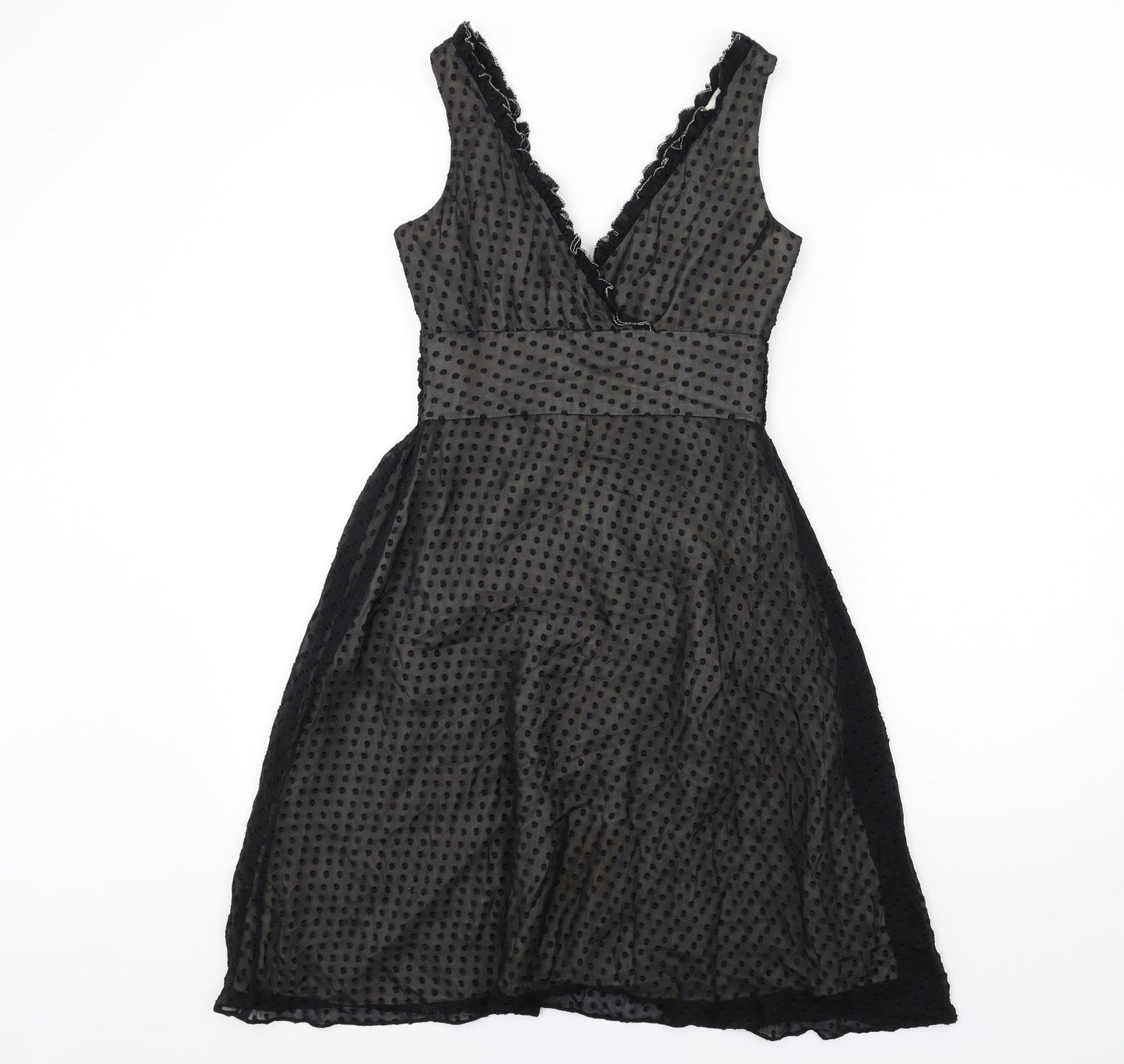 Oasis Womens Black Polka Dot Silk A-Line Size 8 V-Neck Zip - Frill Detail