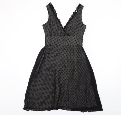 Oasis Womens Black Polka Dot Silk A-Line Size 8 V-Neck Zip - Frill Detail