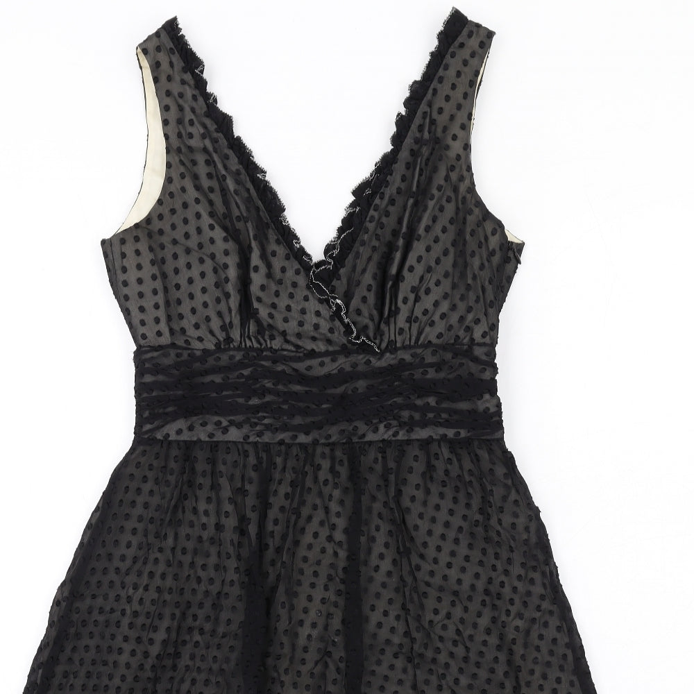 Oasis Womens Black Polka Dot Silk A-Line Size 8 V-Neck Zip - Frill Detail