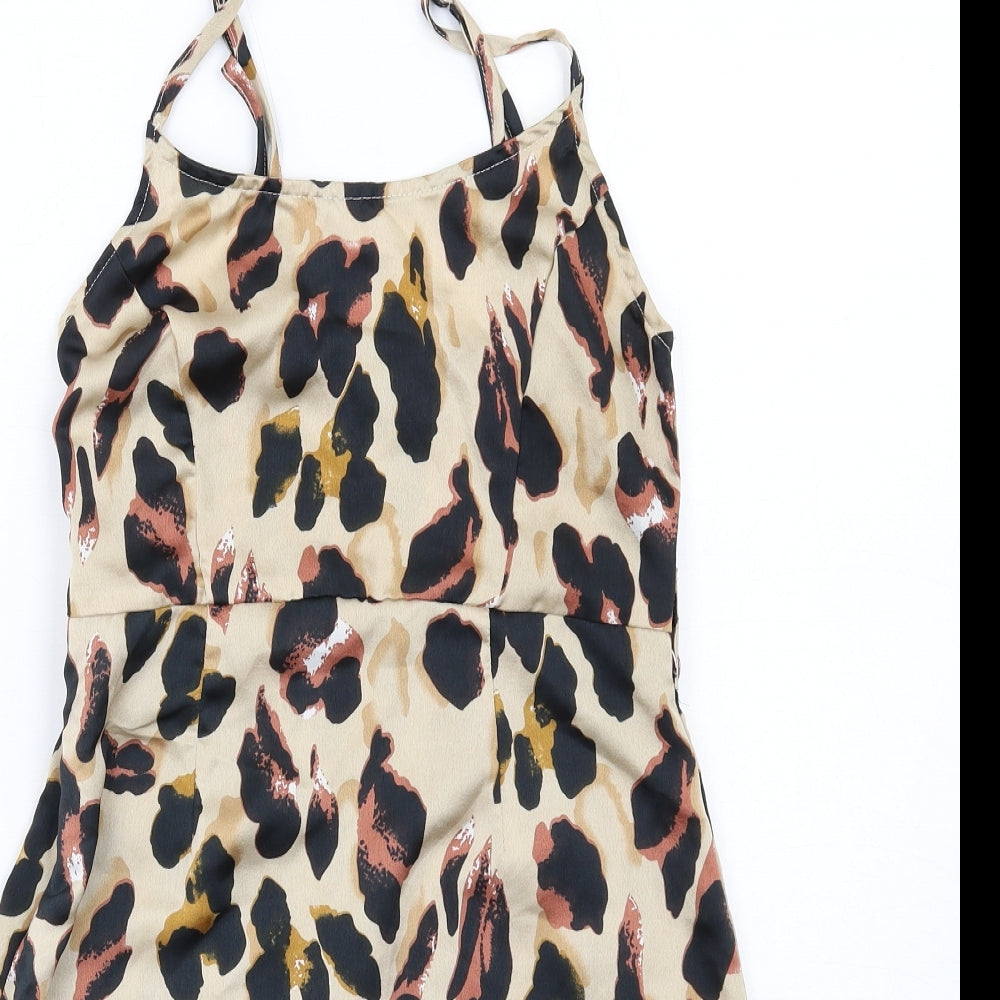 PRETTYLITTLETHING Womens Brown Animal Print Polyester Mini Size 6 Round Neck Zip