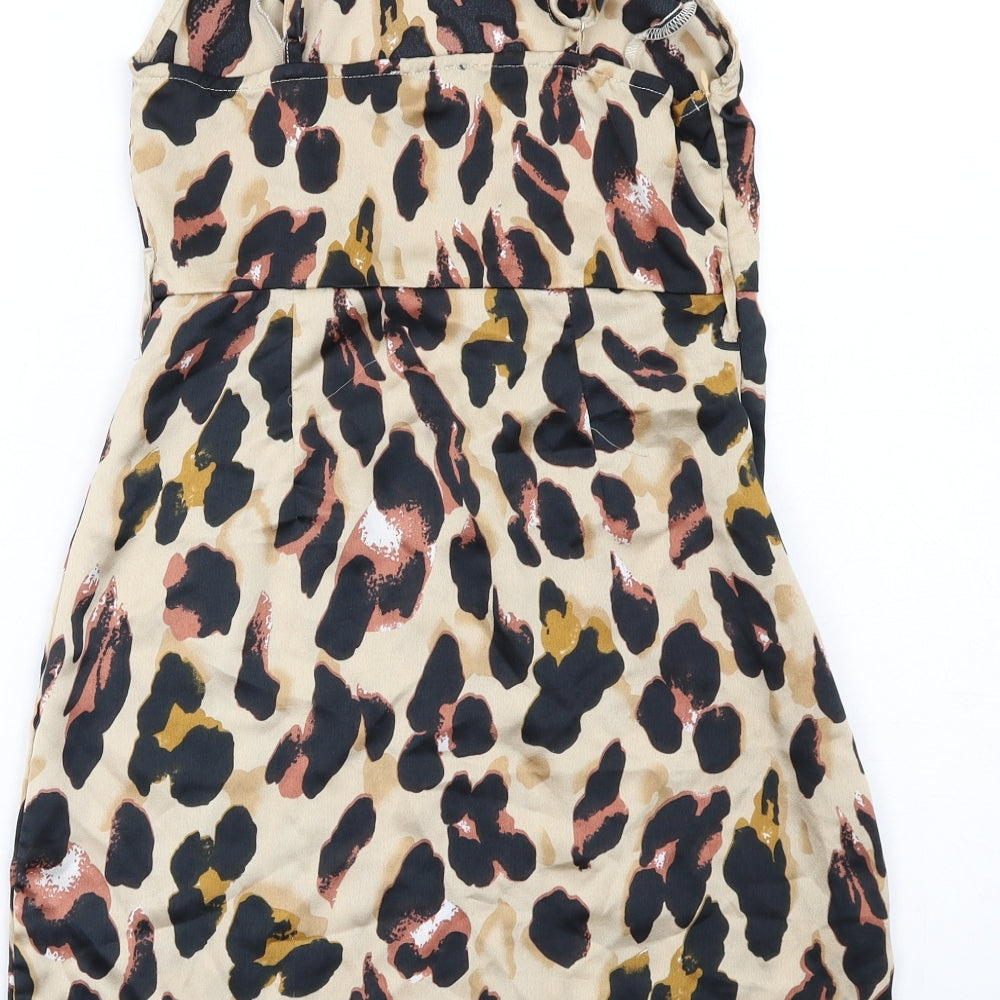 PRETTYLITTLETHING Womens Brown Animal Print Polyester Mini Size 6 Round Neck Zip