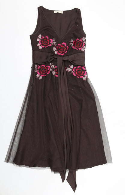 Teatro Womens Brown Polyester Fit & Flare Size 8 V-Neck Zip