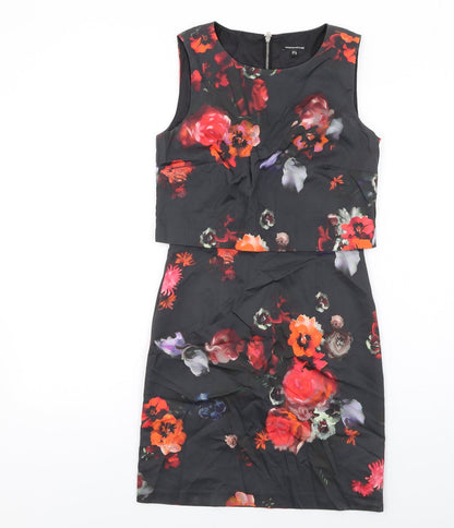 Warehouse Womens Multicoloured Floral Cotton Shift Size 8 Round Neck Zip