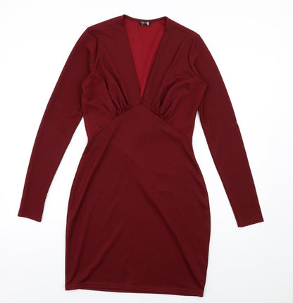 River Island Womens Red Polyester Bodycon Size 10 V-Neck Pullover - Gathered Bodice