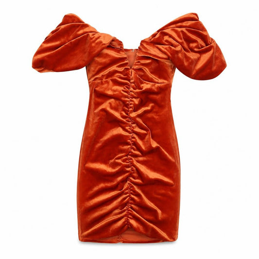 Front view of ASOS women’s orange polyester mini, size UK 4, one shoulder zip