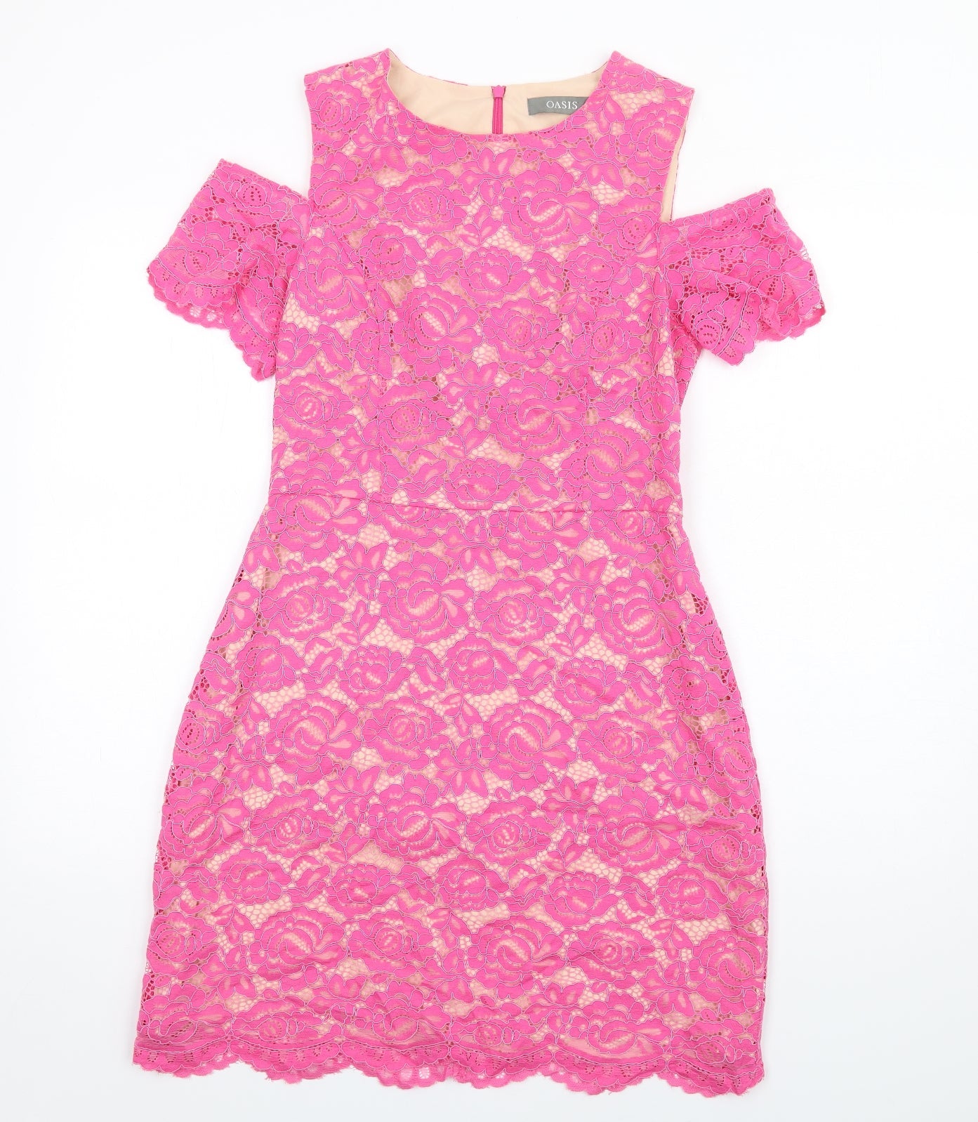 Oasis Womens Pink Floral Patent Leather A-Line Size 10 Round Neck Zip - Cold Shoulder