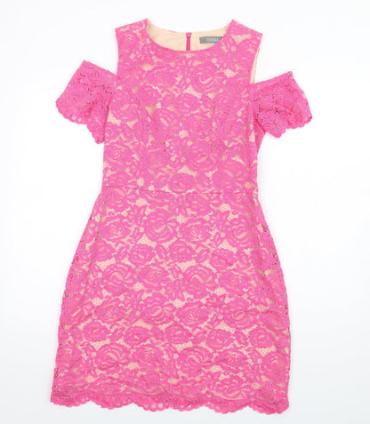 Oasis Womens Pink Floral Patent Leather A-Line Size 10 Round Neck Zip - Cold Shoulder