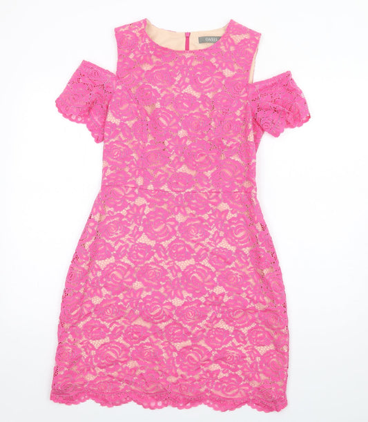 Oasis Womens Pink Floral Patent Leather A-Line Size 10 Round Neck Zip - Cold Shoulder