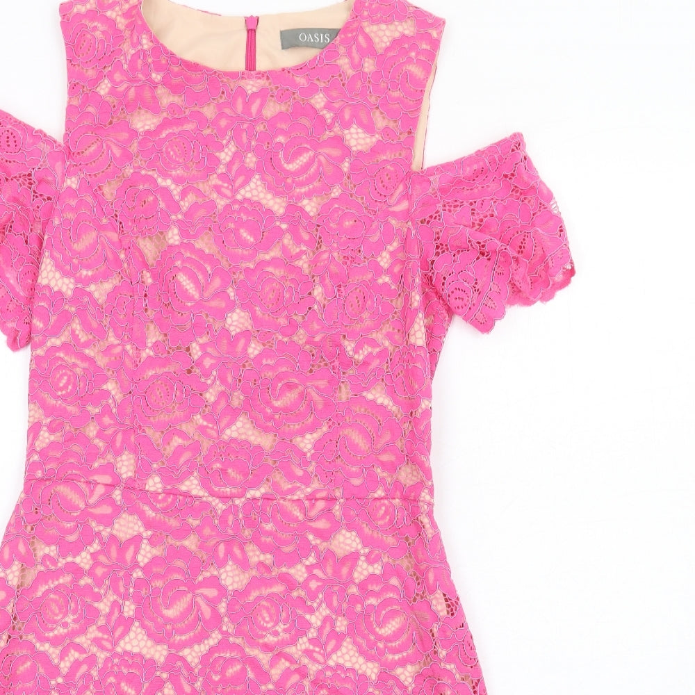 Oasis Womens Pink Floral Patent Leather A-Line Size 10 Round Neck Zip - Cold Shoulder